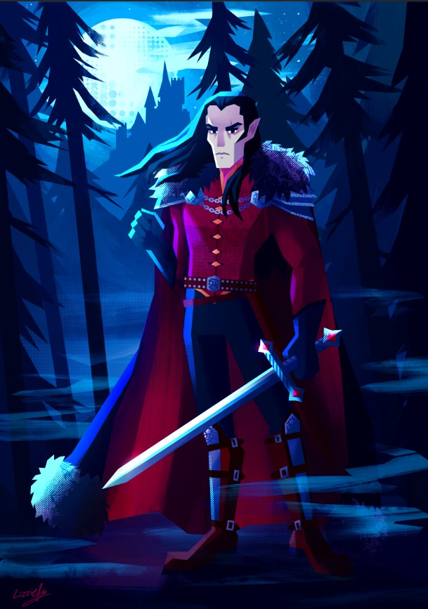 Drawing of Strahd von Zarovich holding a large sword in a wooded area, looking stately and HOT