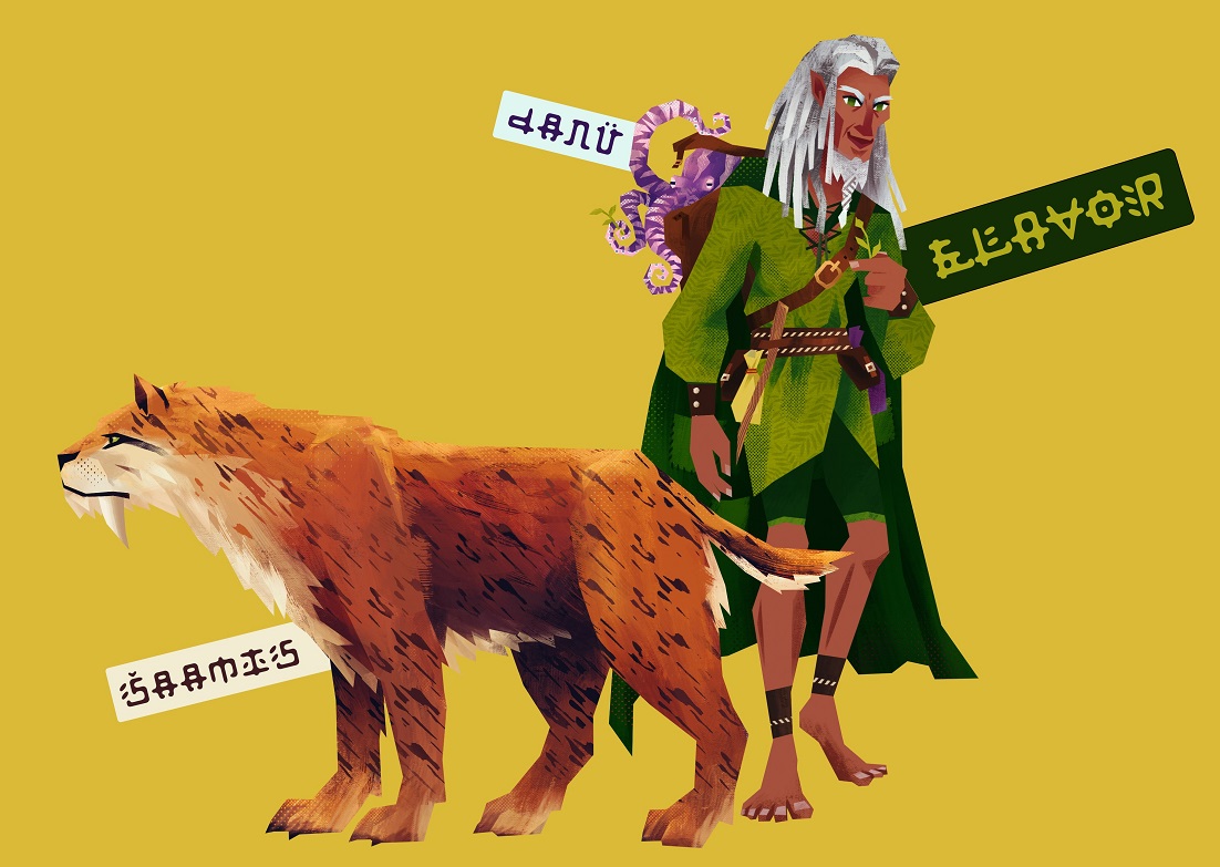 Art of Elavor the Half-Elf Druid with Saamis the saber-toothed tiger and Danu the fey mimic octopus